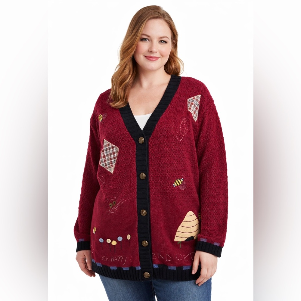 The Quacker Factory 1X Bee Happy Cardigan Sweater Burgundy Ramie Cotton